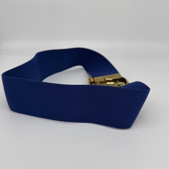 Vintage 1985 Pearl Blue Elastic Cinch Belt Gold Swirl Buckle Medium 26-28 Waist - Picture 9 of 12